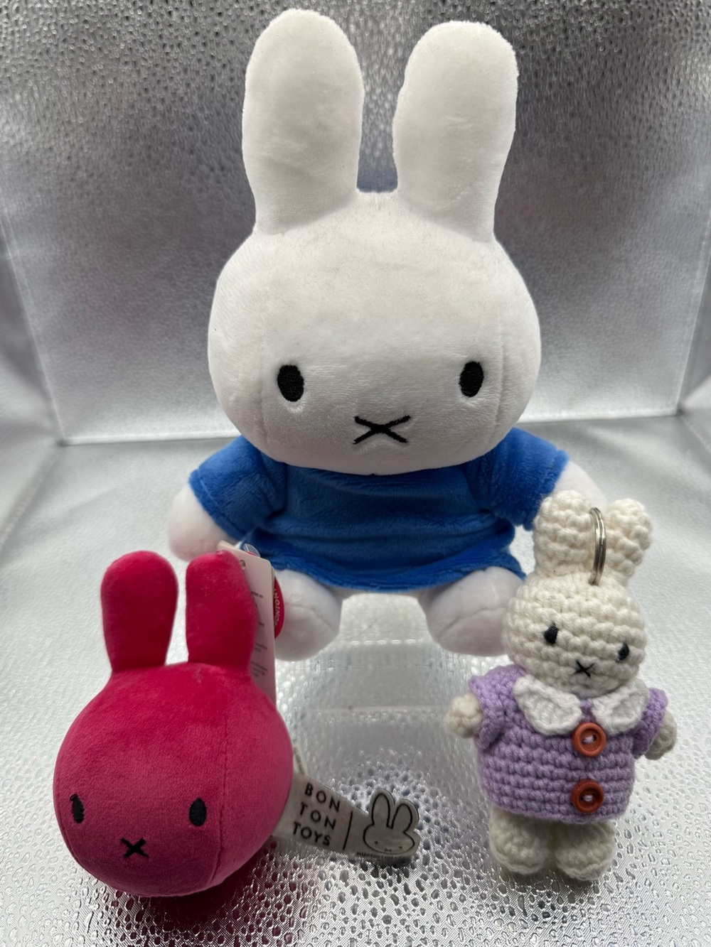 Miffy Plush Trio in plush White n Blue, squishy Miffy head Pink, Purple crochet.